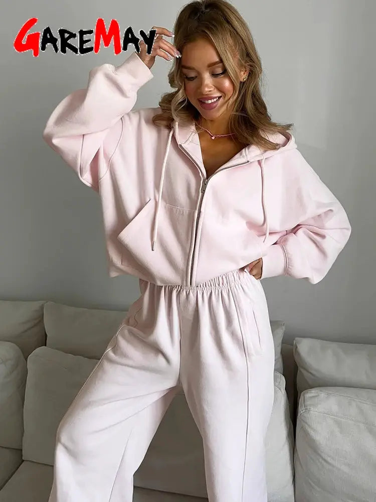 Autumn Women Tracksuit With Zipper Hooded Jacket And Wide Leg Trousers Two Piece Set Yellow Sportswear