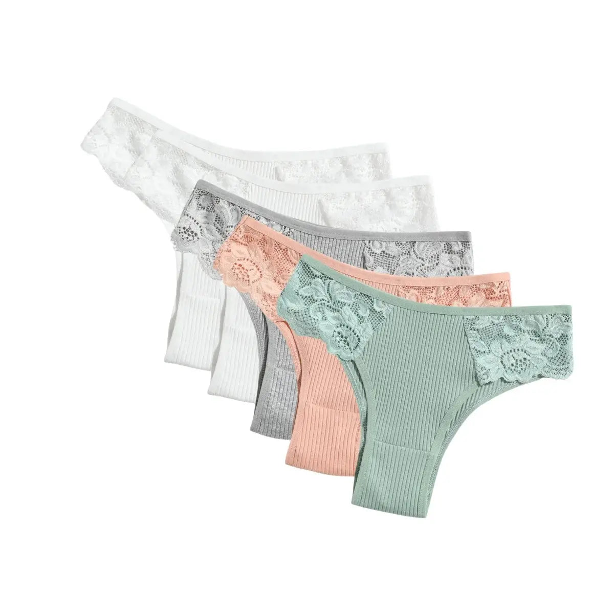 5-pack women's cotton panties with floral lace side panels in pastel colors; low-rise ribbed briefs
