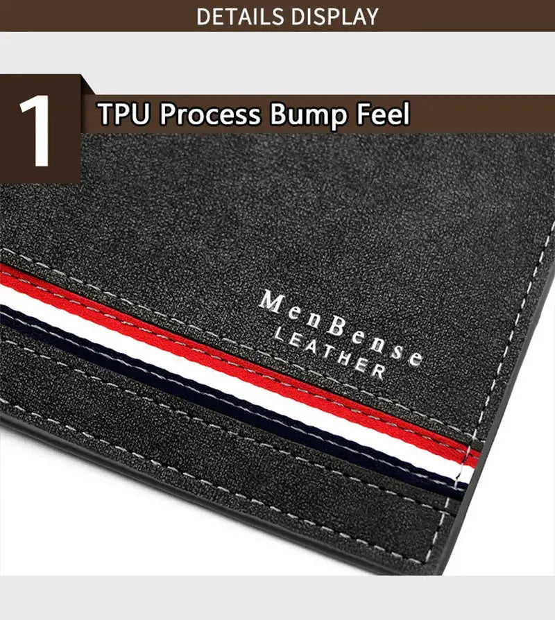 Men's slim wallet in black PU leather with zipper coin pocket and red-white-blue stripe accent, MenBense Leather.