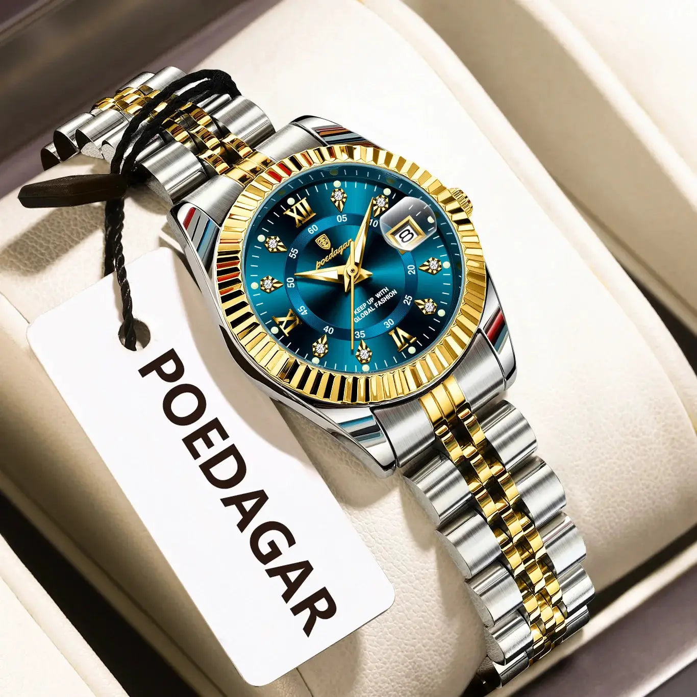 POEDAGAR women's luxury watch, two-tone stainless steel with gold bezel, blue dial, diamond markers and date