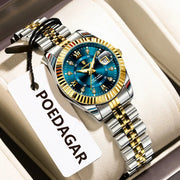 POEDAGAR women's luxury watch, two-tone stainless steel with gold bezel, blue dial, diamond markers and date