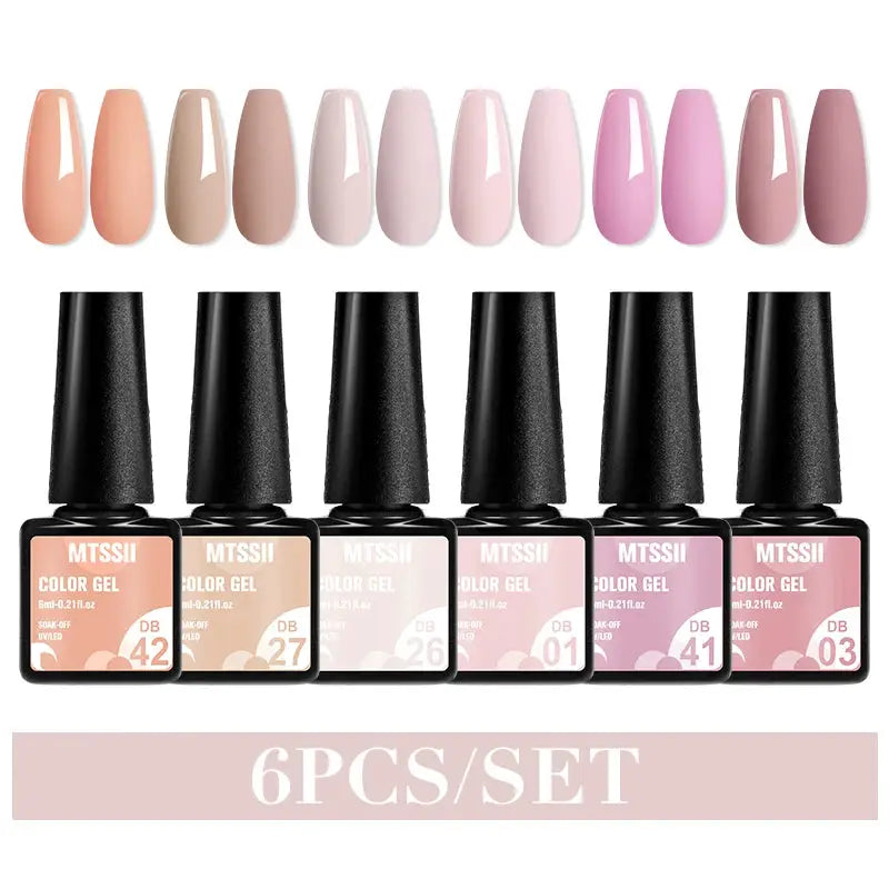 Gel nail polish set, Simples Market, 6-piece in pastel peach, beige, pink shades; soak-off UV LED