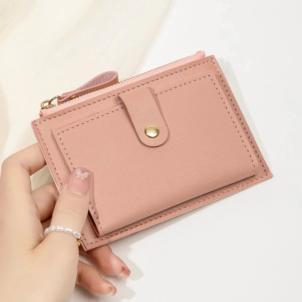Pink mini PU leather card holder wallet, ultra-thin minimalist women's short card bag by Simples Market.