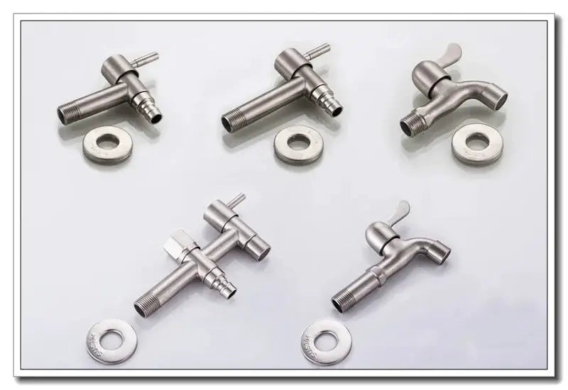 Brushed stainless steel garden faucet set with wall-mounted bibcocks and washers (6 pieces)