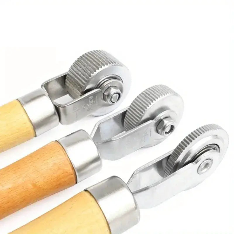 Tire repair roller tool set with wooden handles and knurled metal wheels (3-pack)