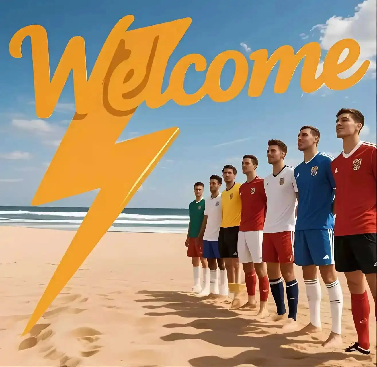 Men's short-sleeved polo shirts in assorted colors lined up on a beach, seven models, with a yellow Welcome graphic.