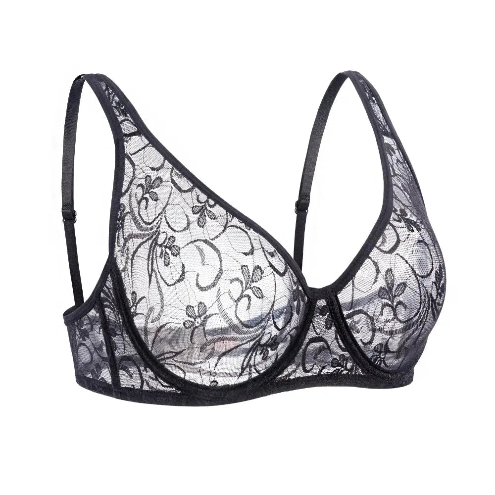 Womens lace underwire bra with black floral embroidery and sheer mesh cups.