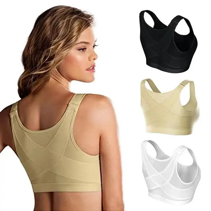 Front-closure wireless bra; four variants shown in beige, black, white, and beige worn by the model