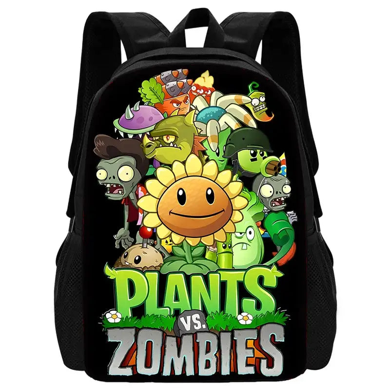 Kids school backpack, black with colorful Plants vs Zombies print.