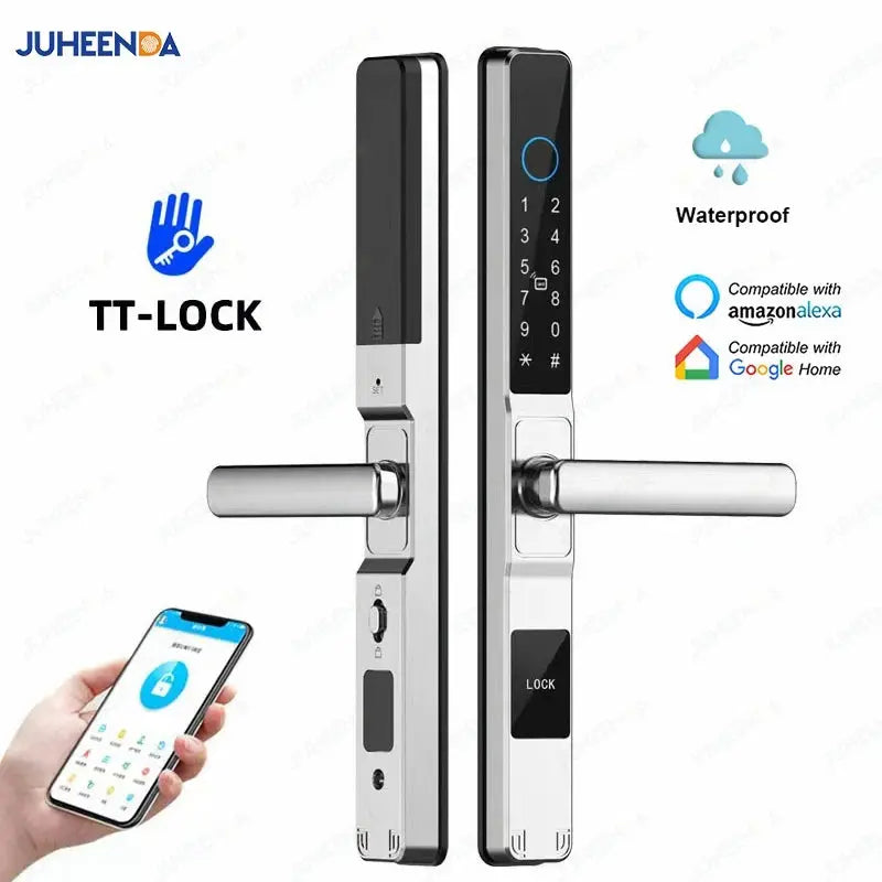 Waterproof TT-Lock sliding door smart lock by Simples Market; aluminum finish with keypad, fingerprint, and RFID access