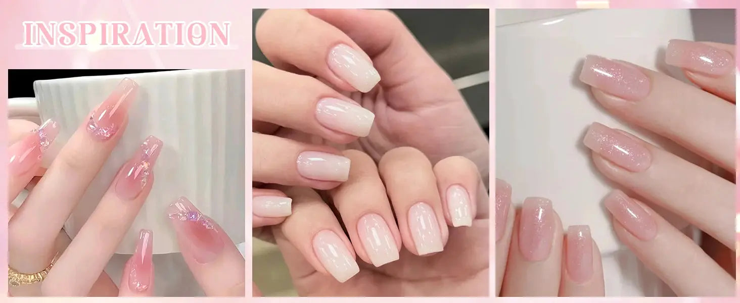 8-piece nude jelly gel nail polish set by Simples Market with box; translucent pink nude shades