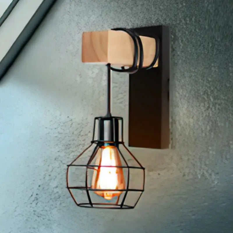 Simples Market China wall sconce with black metal cage and wooden base bracket