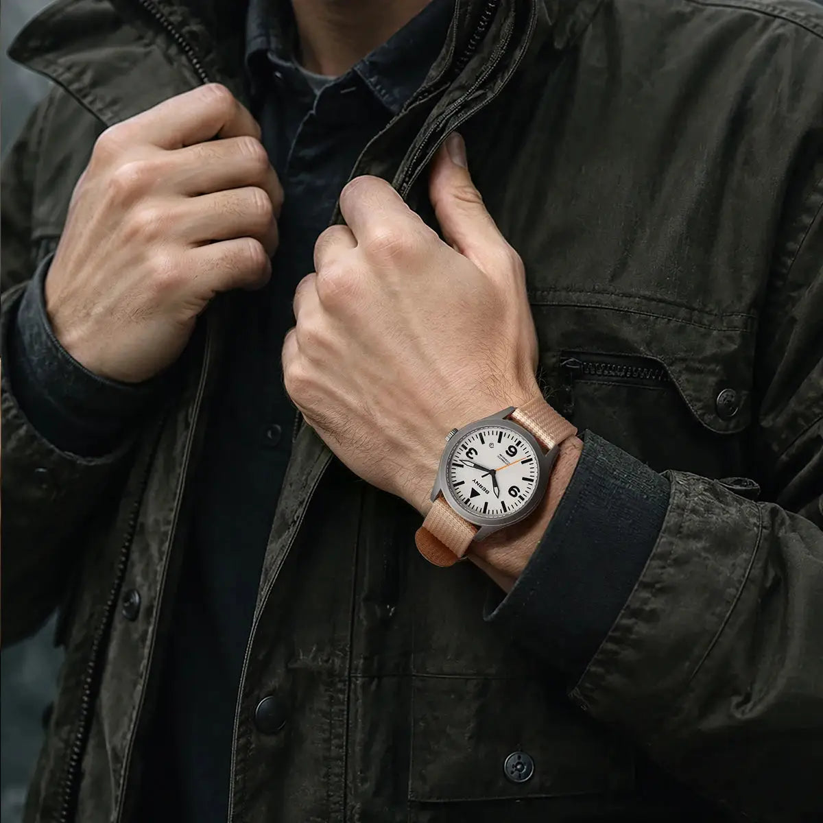 BERNY full titanium automatic watch for men with tan fabric strap and white dial.