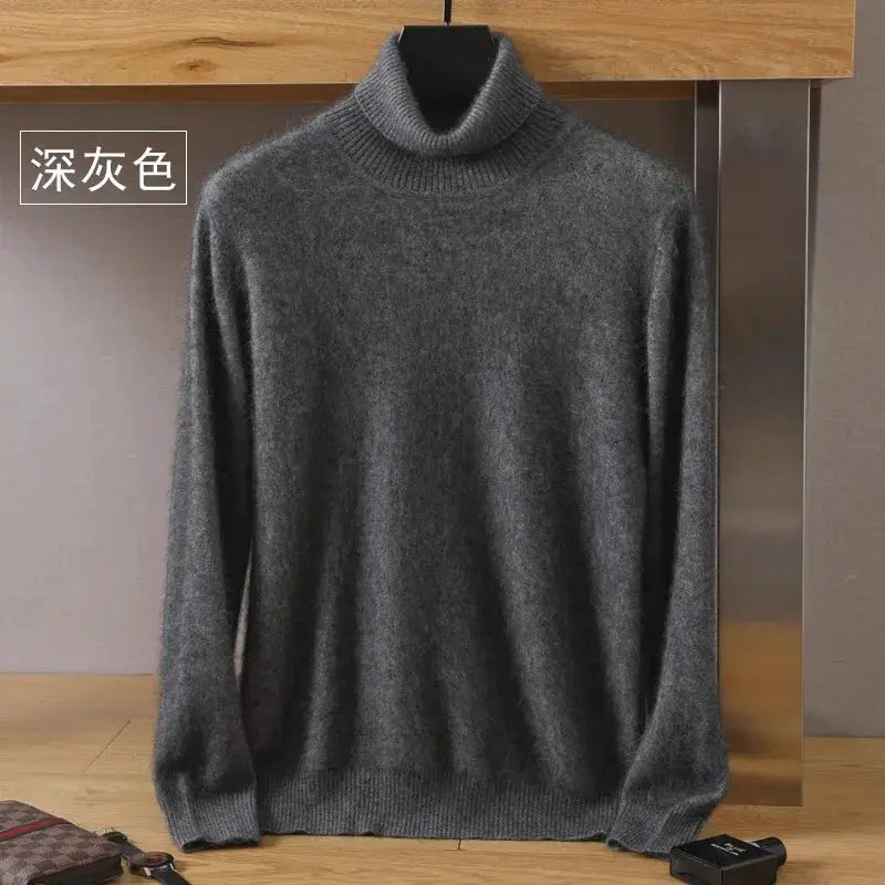 Men's dark gray mink velvet cashmere sweater; high-neck ribbed collar, long-sleeve pullover by Simples Market