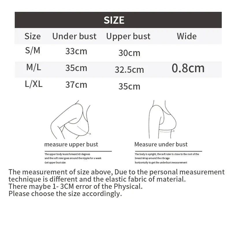 Simples Market size chart for 3Pcs lace bralette set showing under bust and upper bust measurements