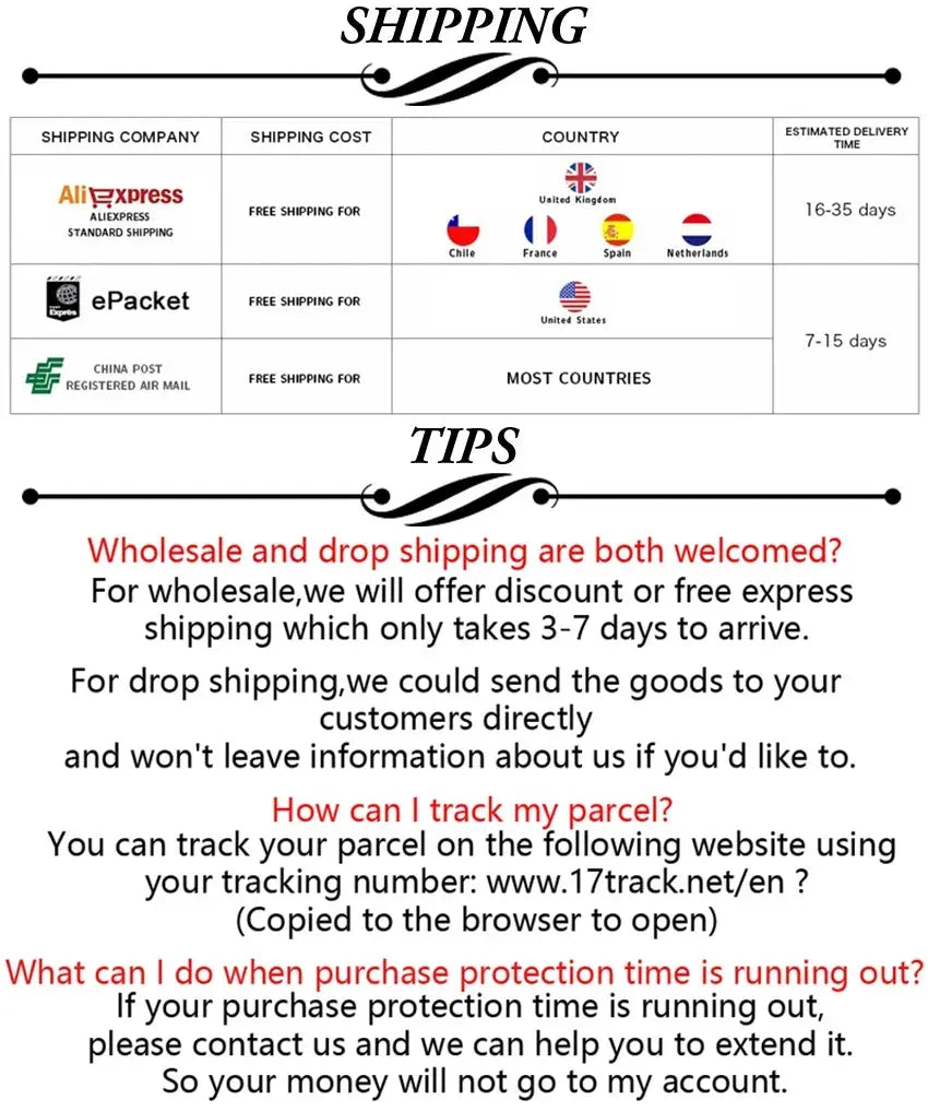 Shipping info infographic showing AliExpress, ePacket and China Post options plus wholesale and drop-shipping tips.