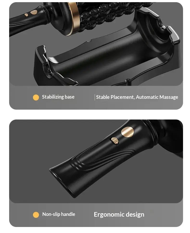 Simples Market rechargeable rolling percussive massager with base and ergonomic black non-slip grip