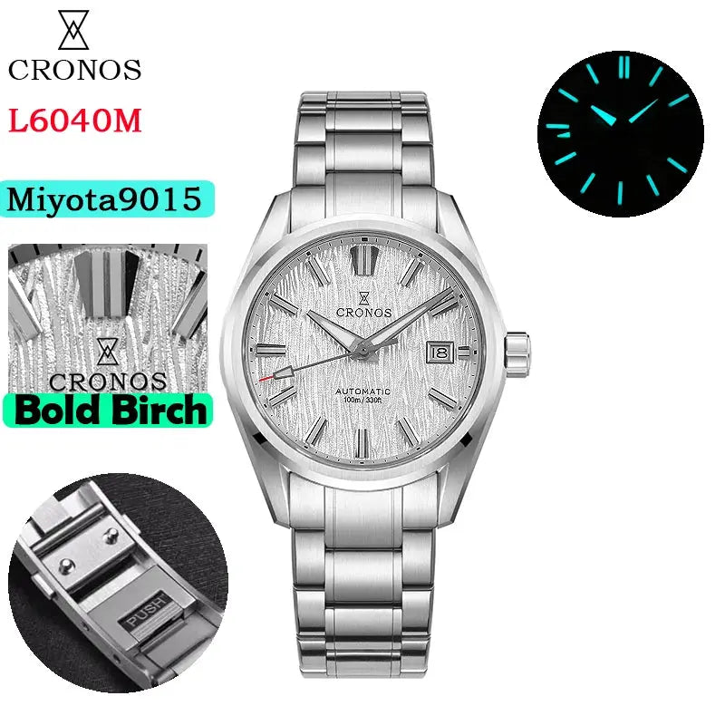 Cronos L6040M men's watch: white birch-pattern dial, sapphire crystal, stainless steel bracelet; Miyota 9015 automatic
