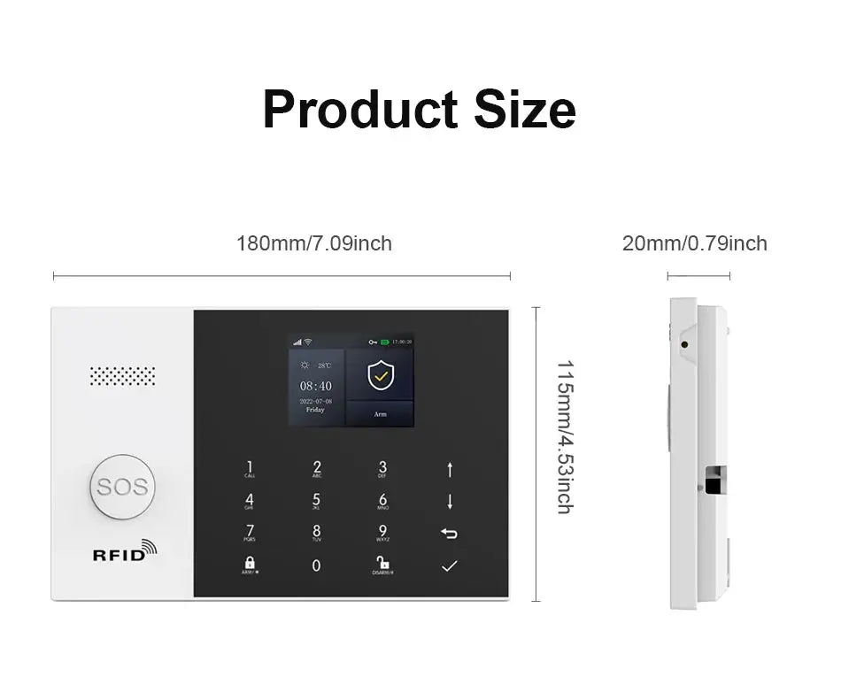 PGST WiFi 2G GSM home security alarm system kit with white wall-mounted keypad and RFID/SOS features