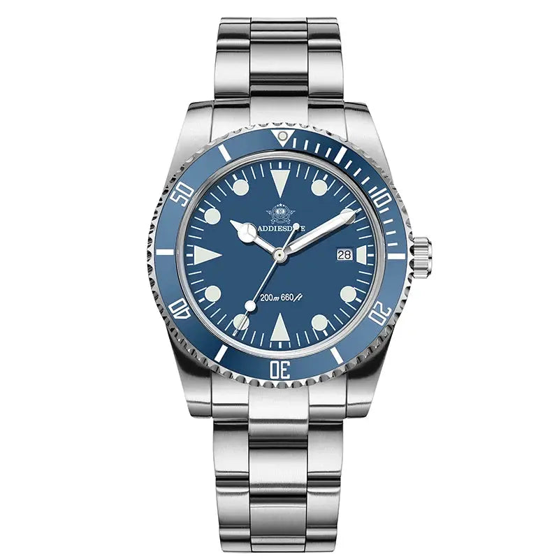 ADDIESDIVE men's analog diver watch with luminous markers, blue ceramic bezel, stainless steel bracelet