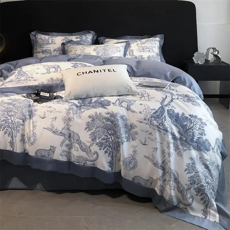 Simples Market eucalyptus Lyocell bedding set in forest leopard print; duvet cover, bed sheet, pillowcases; CHANITEL