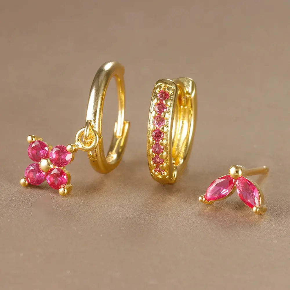 3Pcs Trendy Stainless Steel Flower Drop Earrings Set For Women Crystal Zirconia Dangle Hypoallergenic Piercing Jewelry