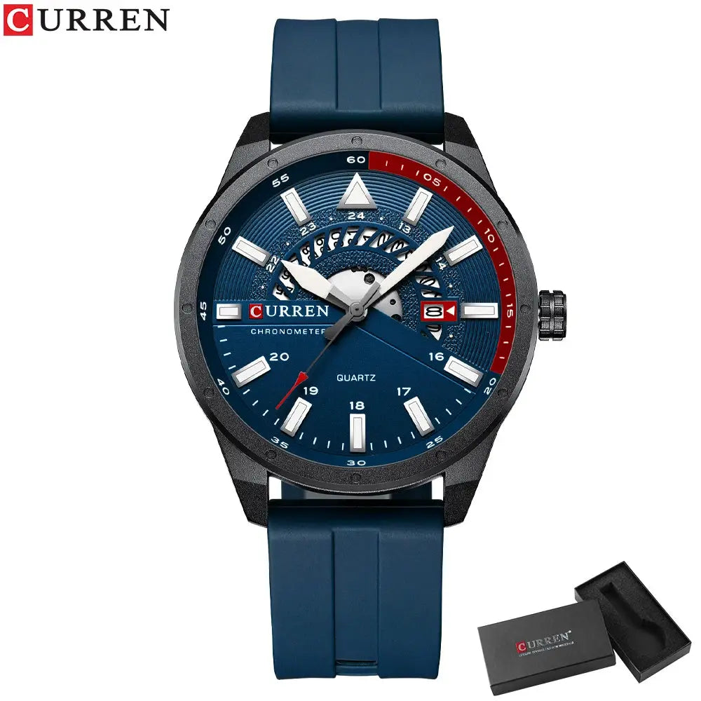 CURREN men's wristwatch with blue silicone strap, skeleton blue dial and date window