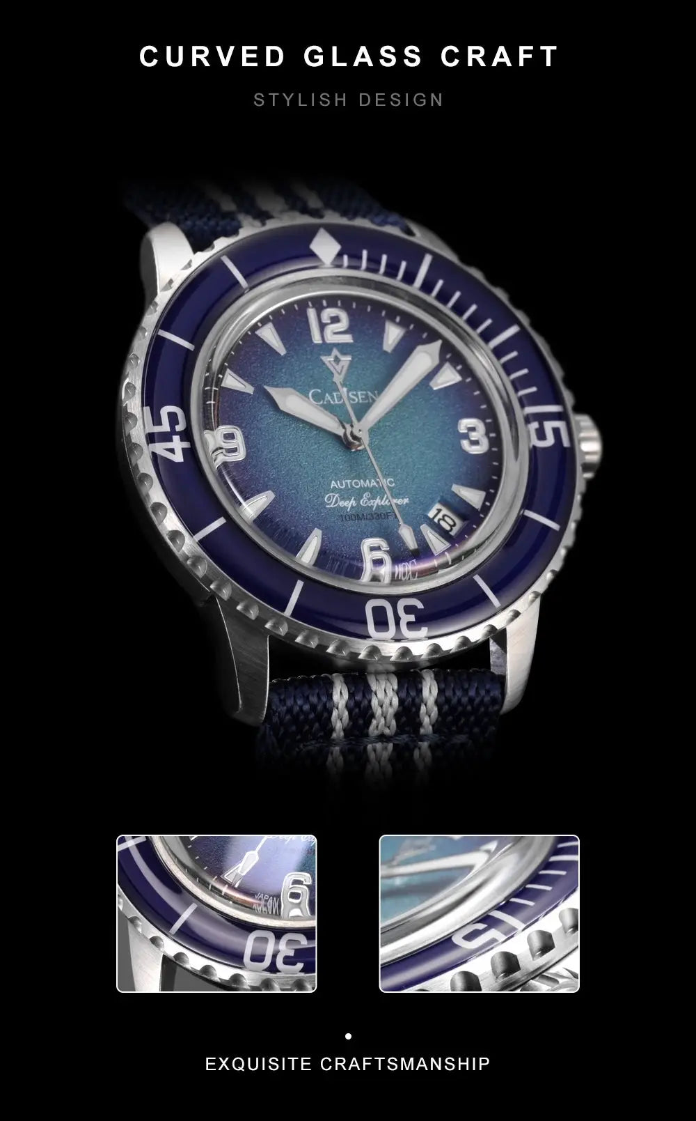 CADISEN Deep Explorer automatic mechanical wristwatch with blue dial, blue bezel, and navy canvas strap
