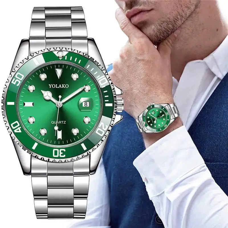 Ghost Sport Mens Quartz Wristwatch Green Dial With Full Calendar Steel Alloy Band For Business Casual