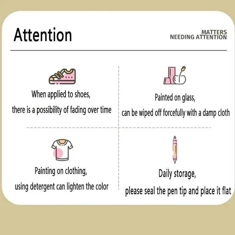 ENMY acrylic paint markers instruction card detailing tips for shoes, glass, clothing, and sealed flat storage.
