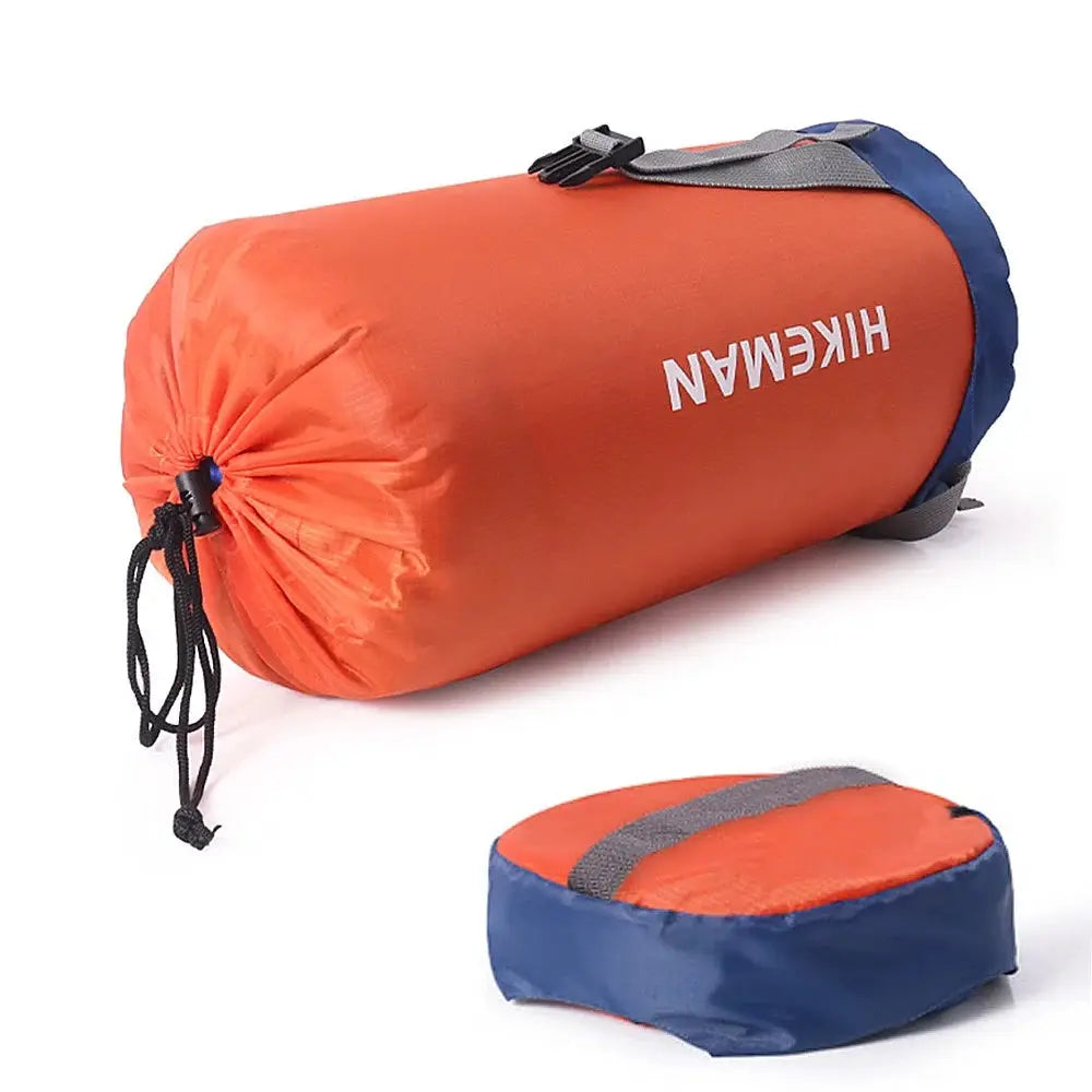 HIKEMAN sleeping bag compression storage bag, orange with blue base, ultra-light and waterproof for camping.