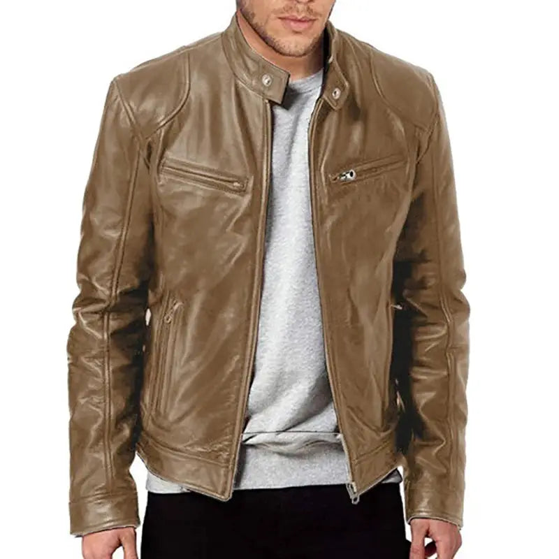 Men's brown PU leather motorcycle jacket by Simples Market, slim fit with stand collar and zip pockets