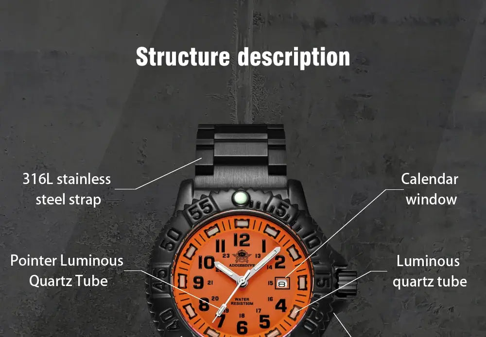 Addies men's military watch with orange dial, black bezel, stainless steel strap, calendar window, luminous hands.