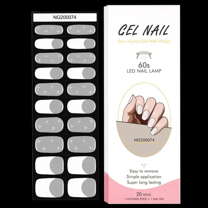 Gel nail wrap set by Simples Market, 20-piece semi-cured full-cover wraps for DIY manicure, UV lamp-ready.