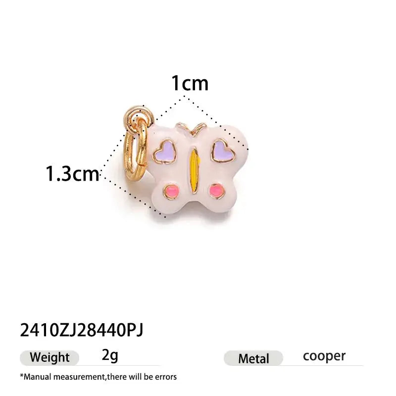 Single copper hoop earring with pink butterfly pendant featuring purple heart eyes and a yellow accent, 1 cm charm