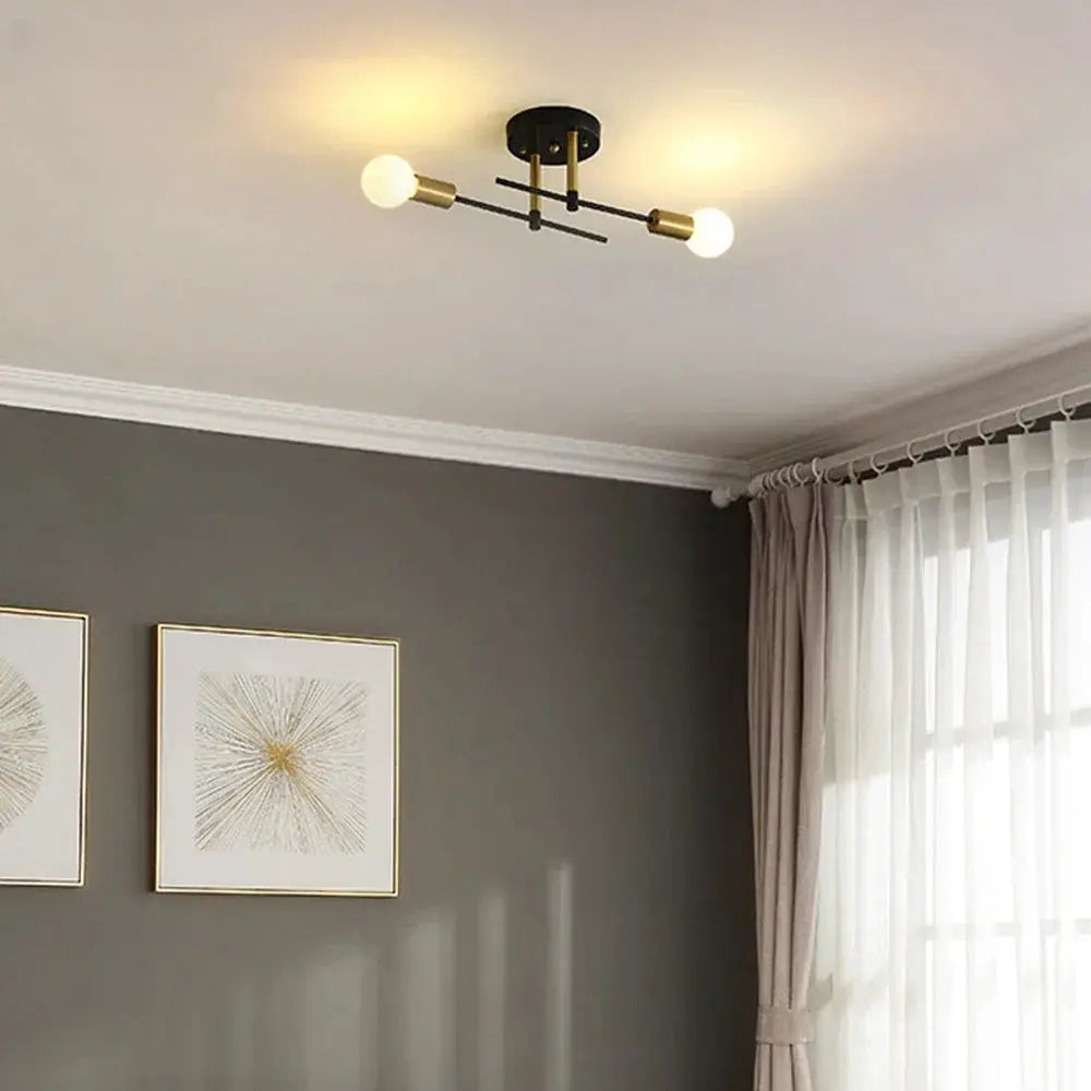 Vintage double-headed E27 ceiling light in black and gold for living room.