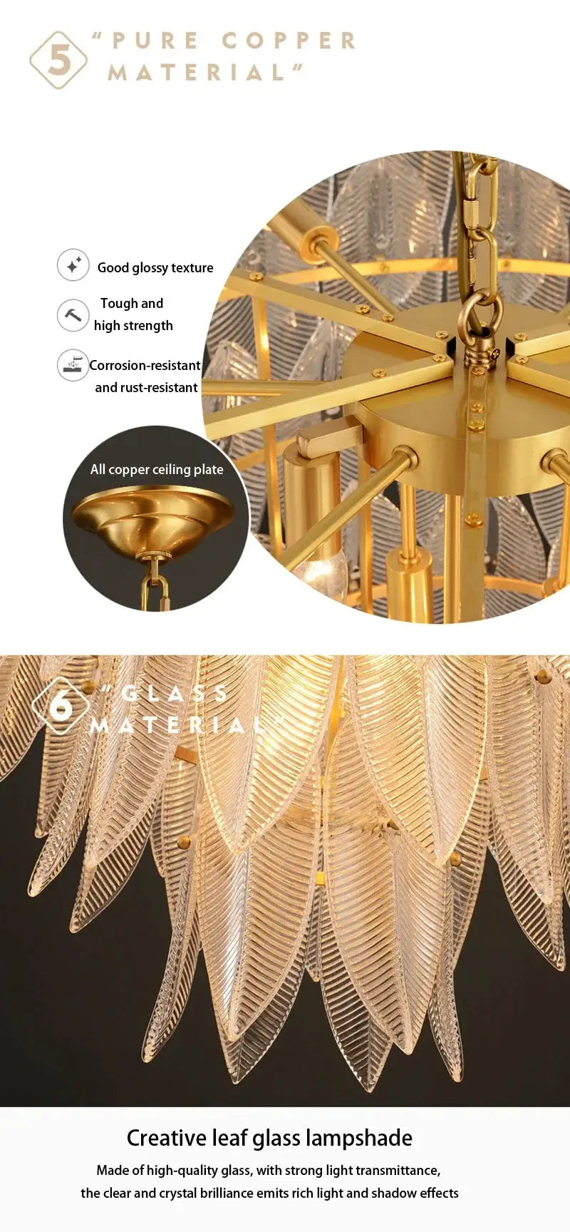 Pendant chandelier in gold finish with leaf glass shades by Simples Market, LED lighting for living room or restaurant