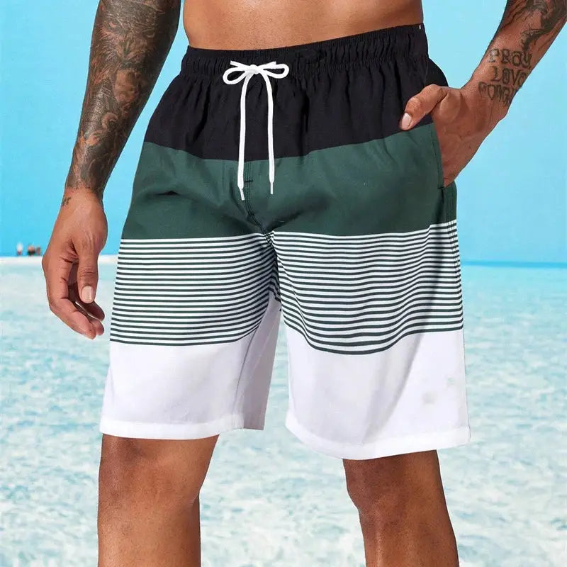 Men's Sea Beach striped board shorts; black-green-white quick-dry drawstring beach shorts