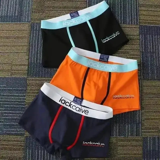 3-pack men's cotton boxers in black, orange, and navy with turquoise waistbands and Lackcaive branding