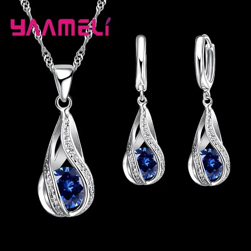 Water Drop CZ 925 Sterling Silver Plated Jewelry Set For Women Pendant Necklace And Hoop Earrings For Wedding Ceremony