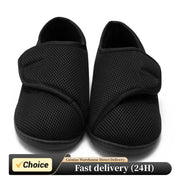 Pair of black mesh diabetic walking shoes with hook-and-loop straps