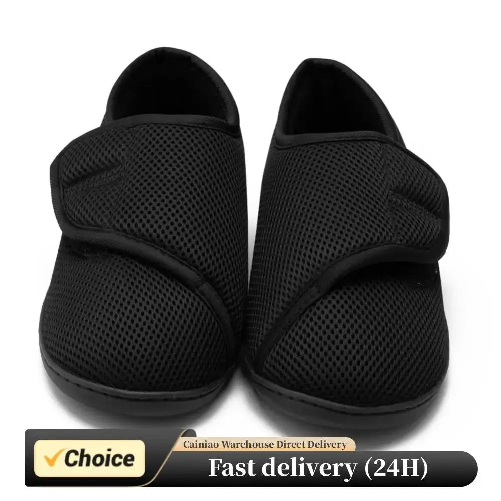 Pair of black mesh diabetic walking shoes with hook-and-loop straps