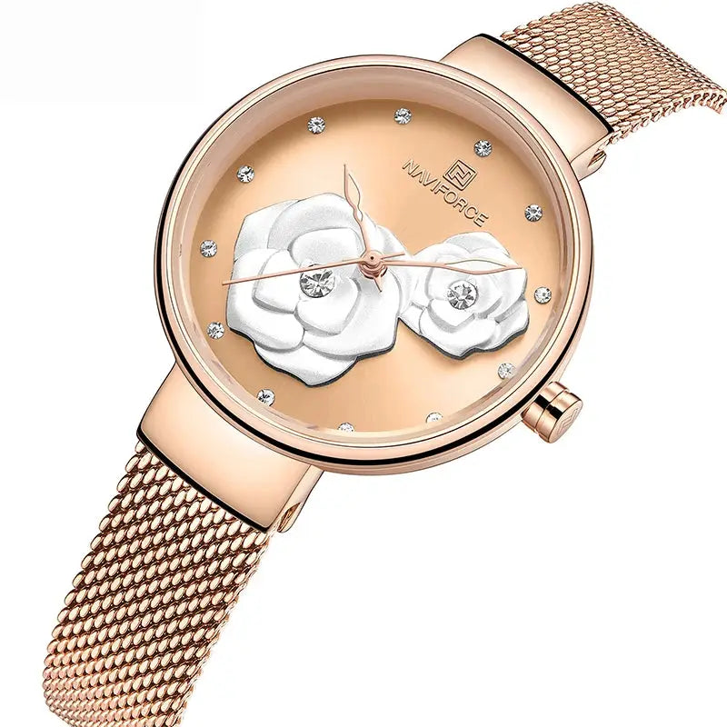 Naviforce women's rose-gold steel mesh watch with floral dial and crystal markers