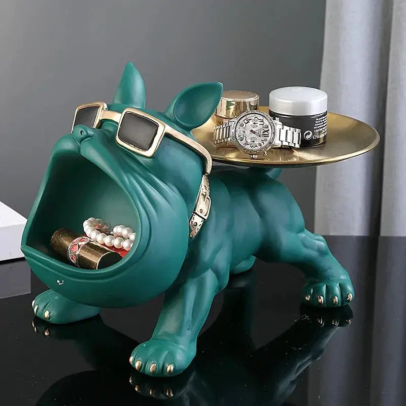Teal resin bulldog storage statue by Simples Market with back tray for jewelry
