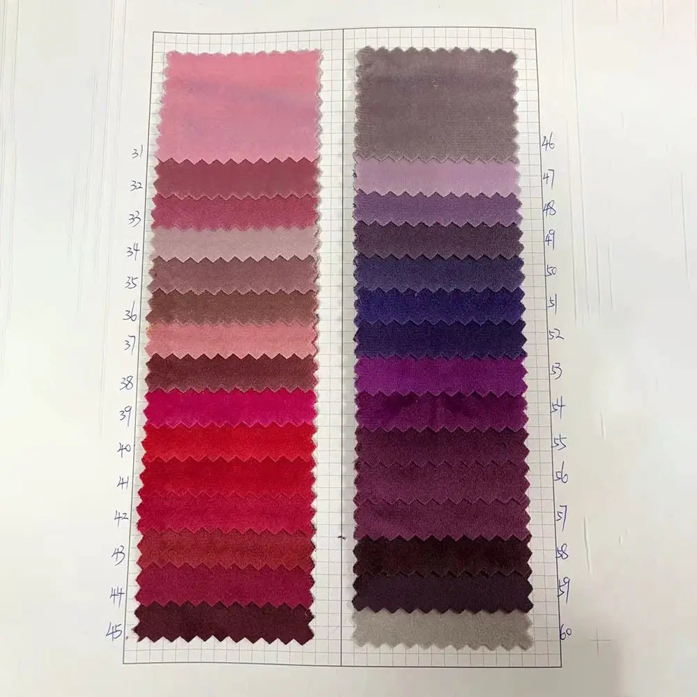 Velvet fabric swatch chart with dozens of pink-to-purple color samples; two-column layout.