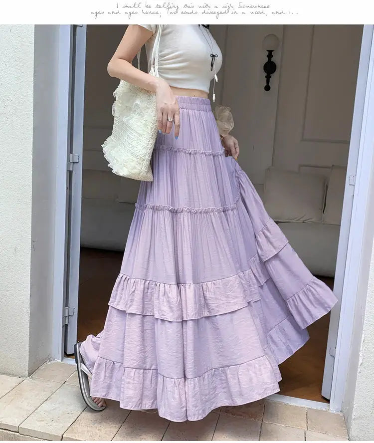Simples Market lavender tiered ruffle-hem chiffon maxi skirt with high waist