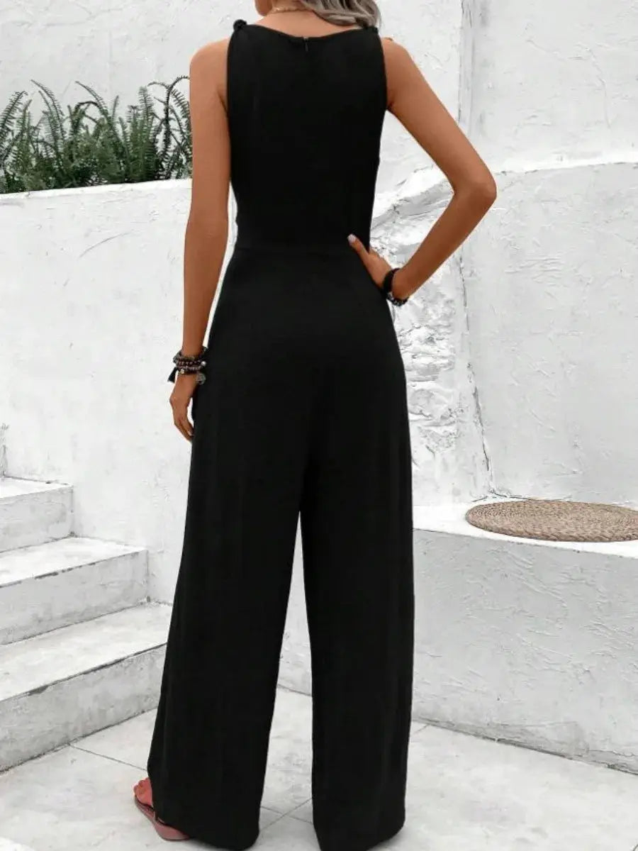Jumpsuit, black solid sleeveless wide-leg, women's style, back view