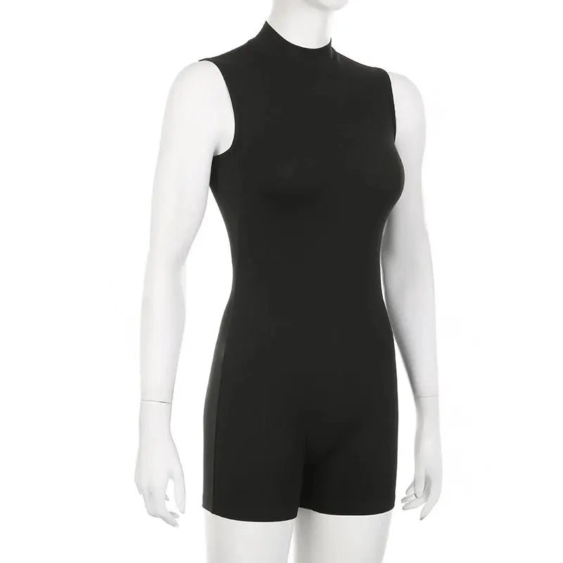 Black sleeveless high-neck romper jumpsuit on mannequin; basic summer playsuit.