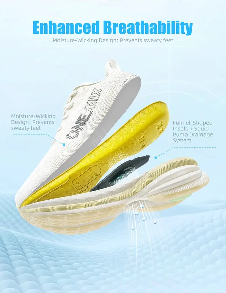 ONEMIX men's running shoes by Simples Market white breathable mesh upper with yellow air-cushion outsole