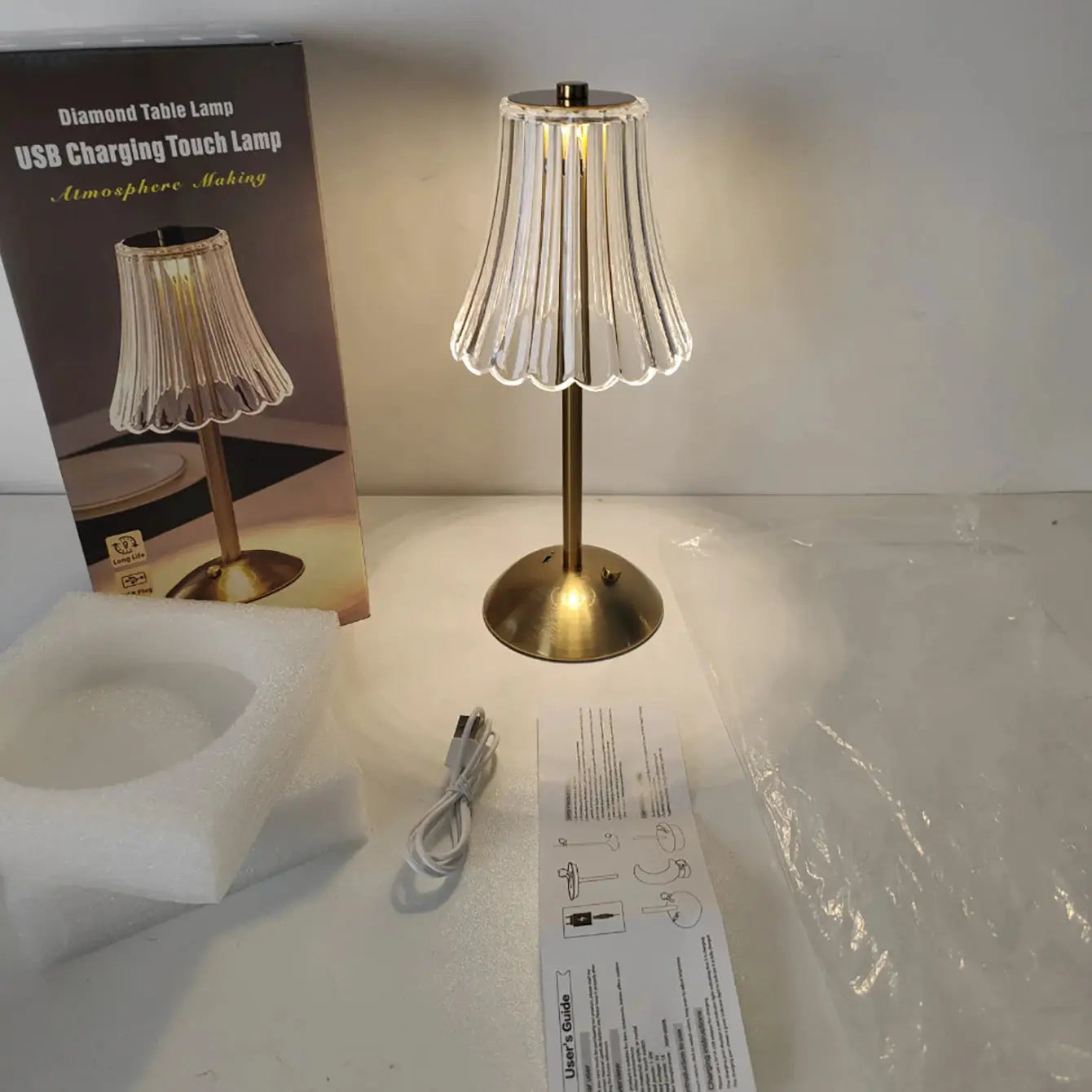 Crystal retro table lamp with brass base and crystal shade; Simples Market USB rechargeable dimming LED